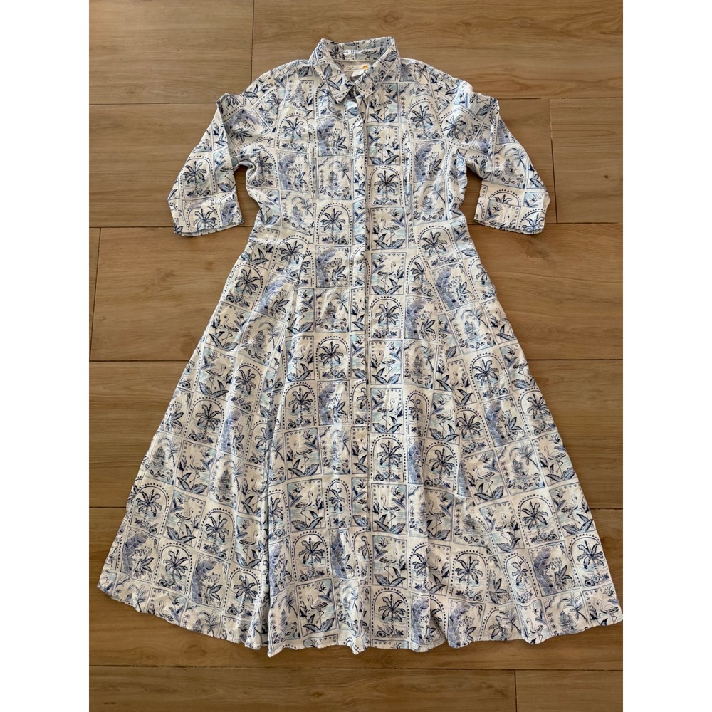 C&C California Blue White Tropical Toile Flamingo Leopard Maxi Shirt Dress XL